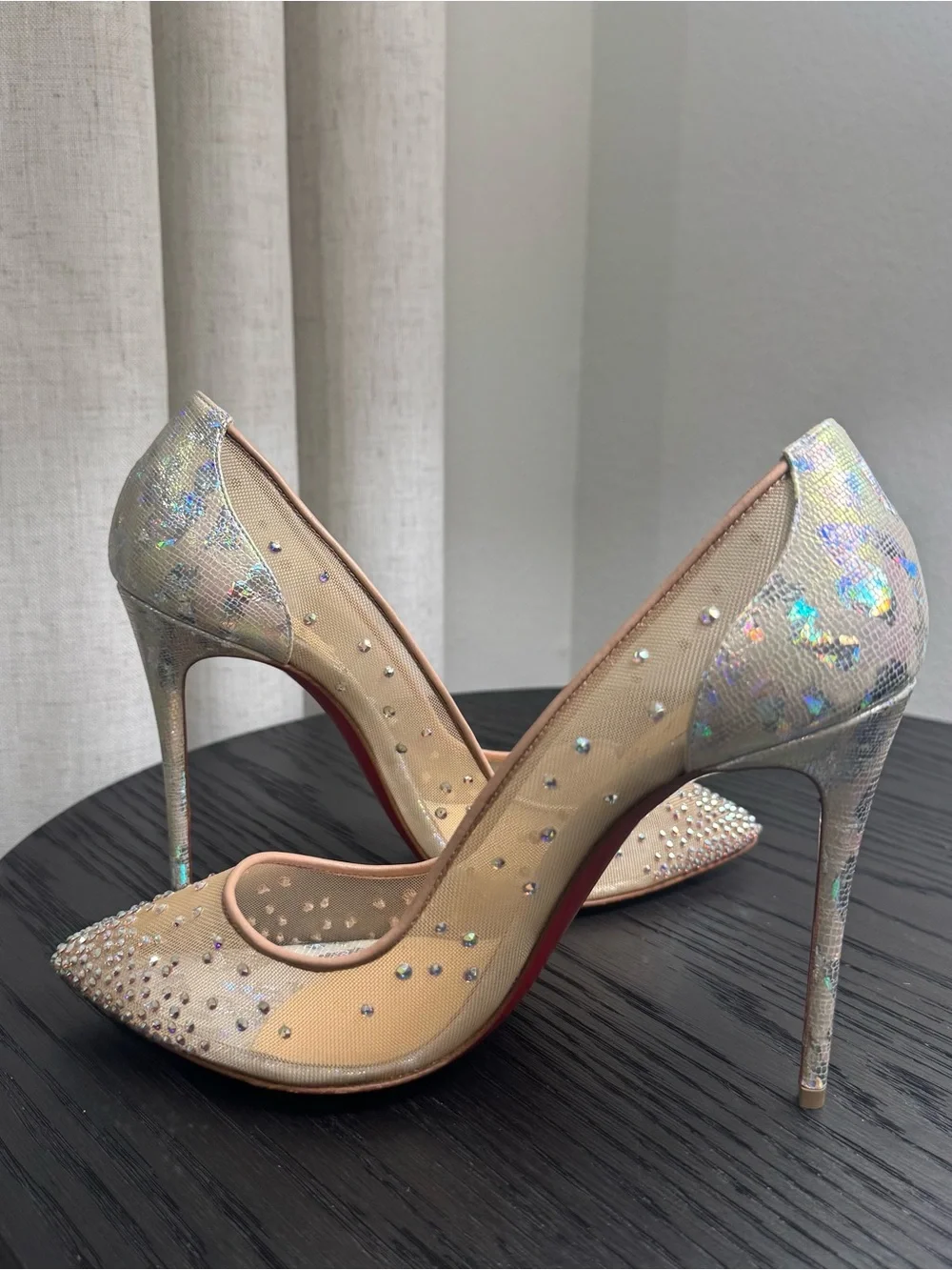 Christian Louboutin Follies Strass 100 Pumps Mesh Nude/Silver 38